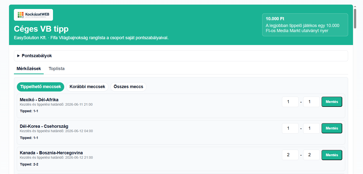 Más oldalba integrált tippjáték demo screenshot